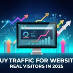 Buy traffic for website banner with analytics charts, upward arrows, and visitor icons showing real growth in 2025