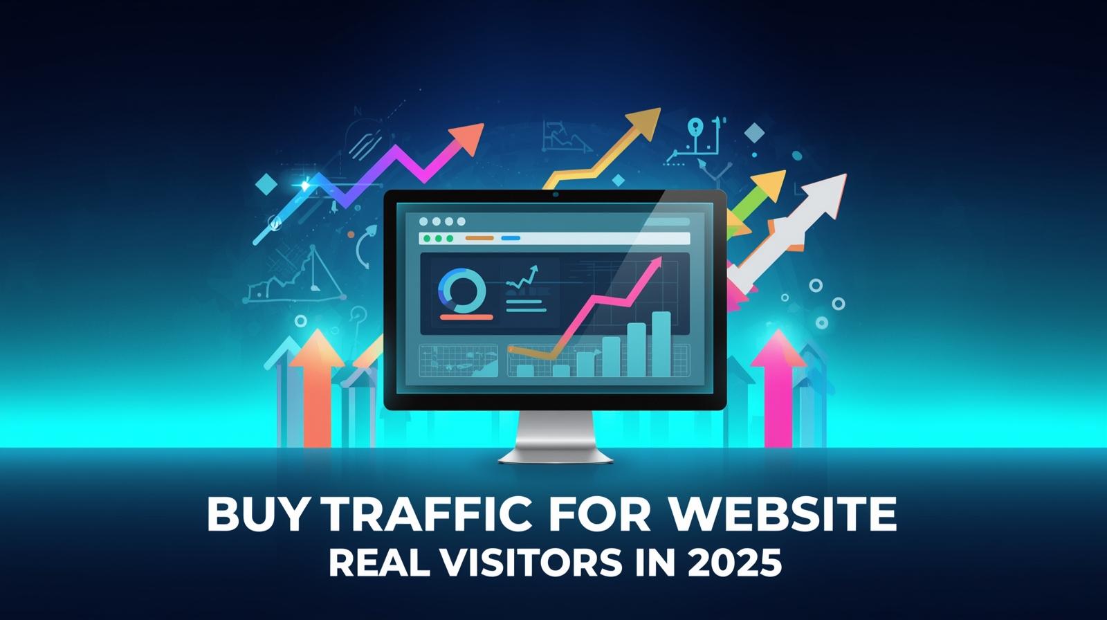 Buy traffic for website banner with analytics charts, upward arrows, and visitor icons showing real growth in 2025