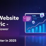 Buy website traffic GetAFollower banner with analytics dashboard, upward arrows, and visitor icons showing growth in 2025