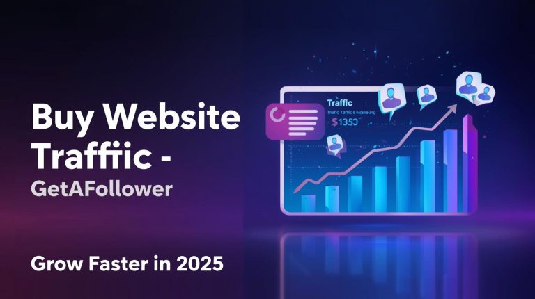Buy website traffic GetAFollower banner with analytics dashboard, upward arrows, and visitor icons showing growth in 2025
