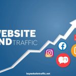 Website and traffic growth illustration with social media icons and upward arrow