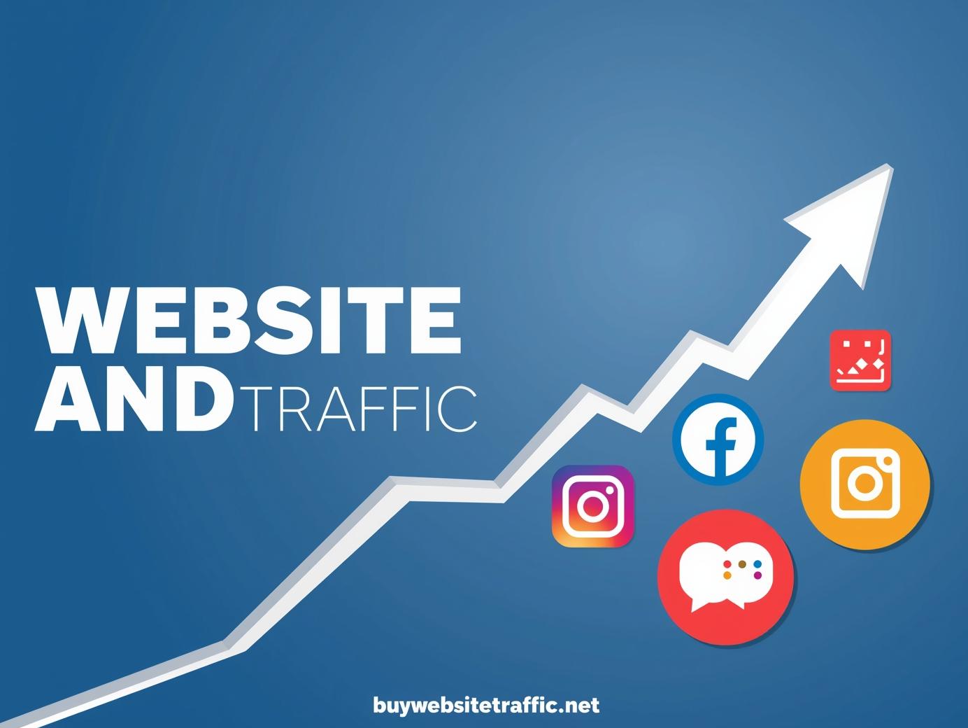 Website and traffic growth illustration with social media icons and upward arrow