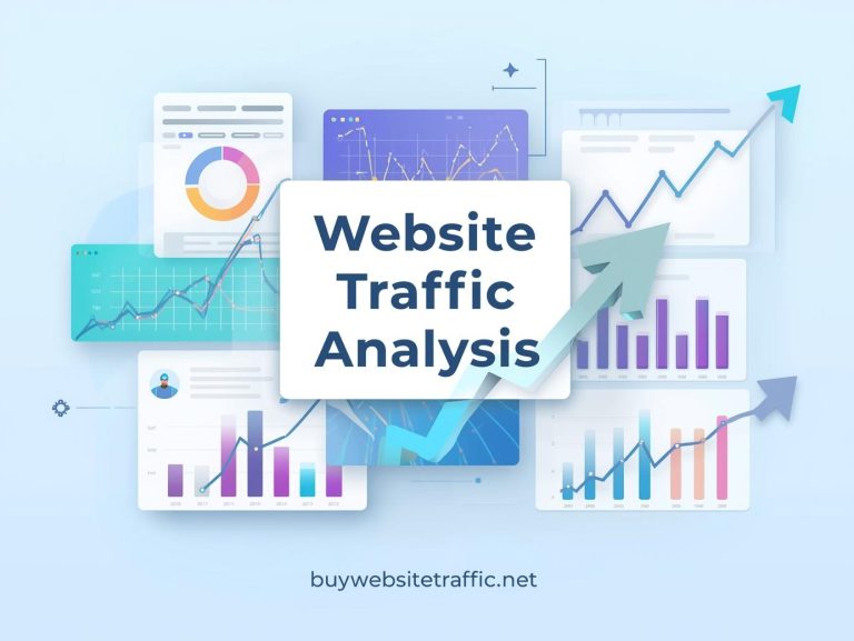 Website traffic analysis illustration with charts and growth arrows – boost visitors in 2025
